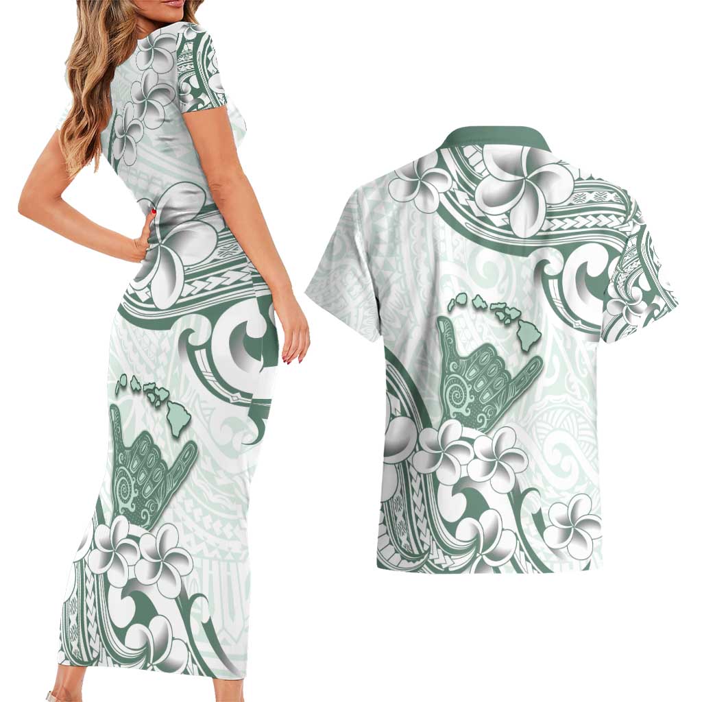 Aloha Hawaii Shaka Couples Matching Short Sleeve Bodycon Dress and Hawaiian Shirt Hang Loose Mint Version - Polynesian Pride