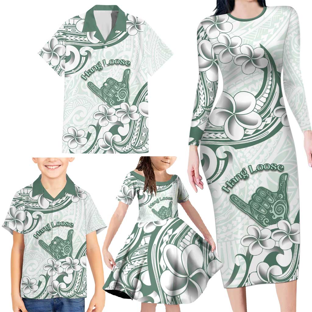 Aloha Hawaii Shaka Family Matching Long Sleeve Bodycon Dress and Hawaiian Shirt Hang Loose Mint Version - Polynesian Pride