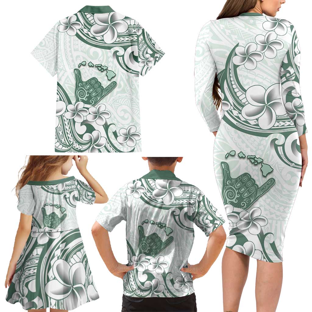 Aloha Hawaii Shaka Family Matching Long Sleeve Bodycon Dress and Hawaiian Shirt Hang Loose Mint Version - Polynesian Pride