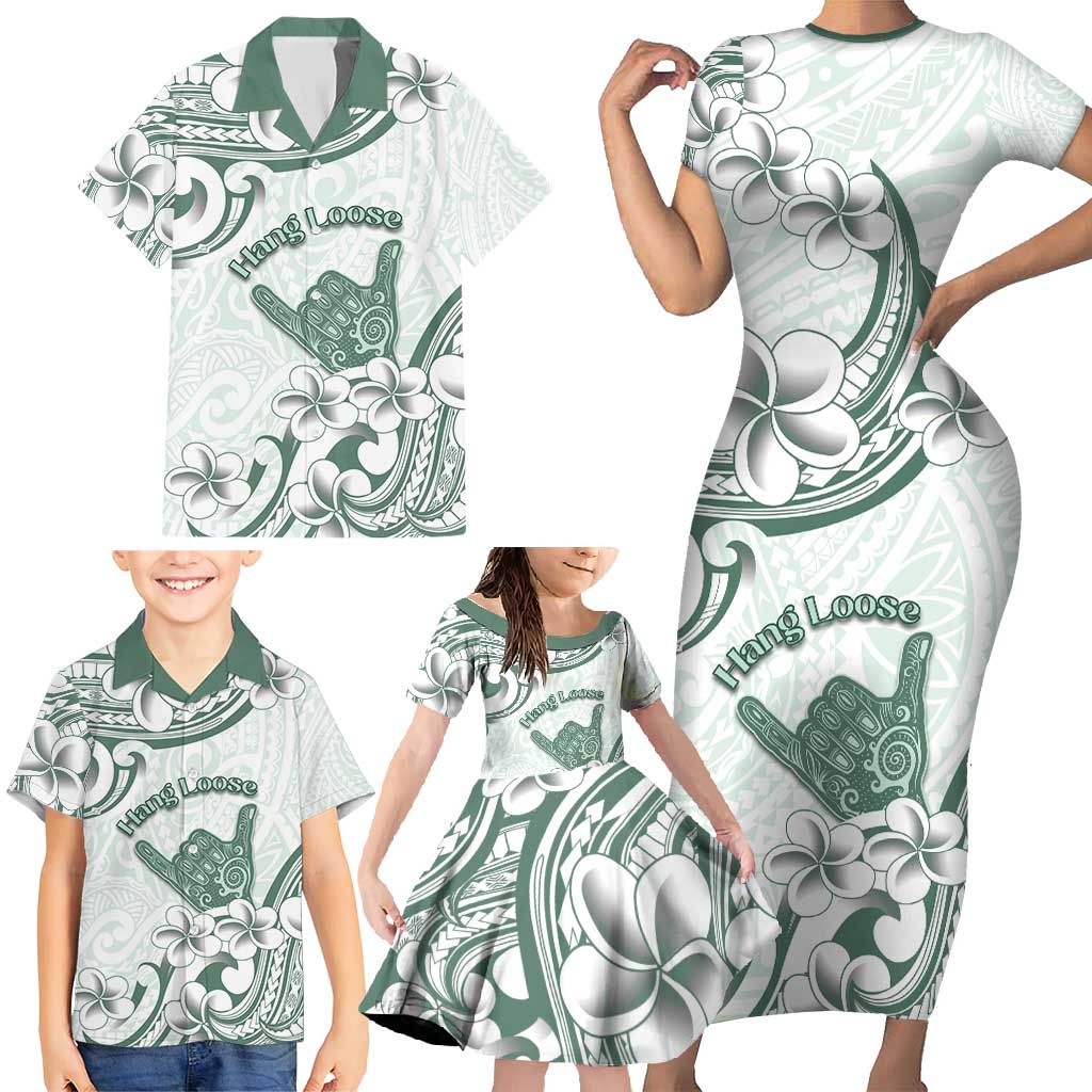 Aloha Hawaii Shaka Family Matching Short Sleeve Bodycon Dress and Hawaiian Shirt Hang Loose Mint Version - Polynesian Pride