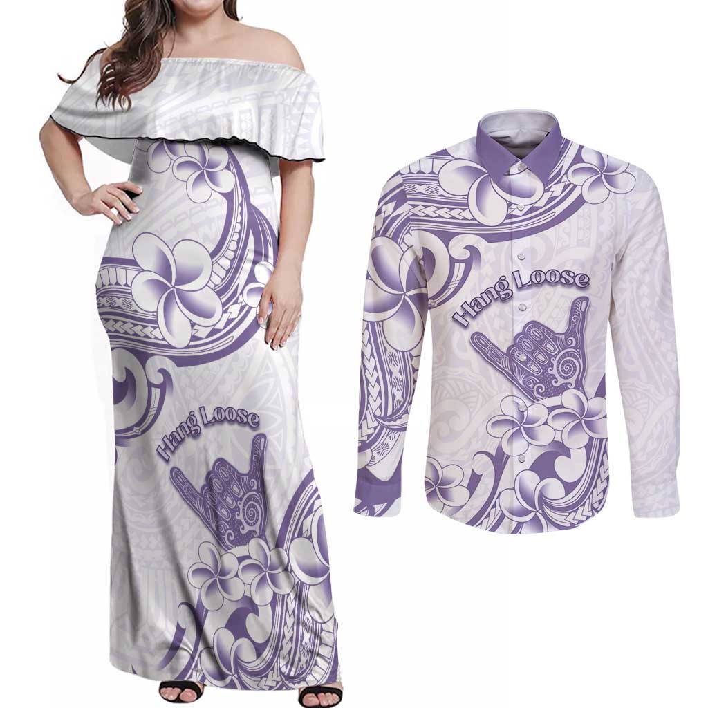 Aloha Hawaii Shaka Couples Matching Off Shoulder Maxi Dress and Long Sleeve Button Shirt Hang Loose Purple Version - Polynesian Pride