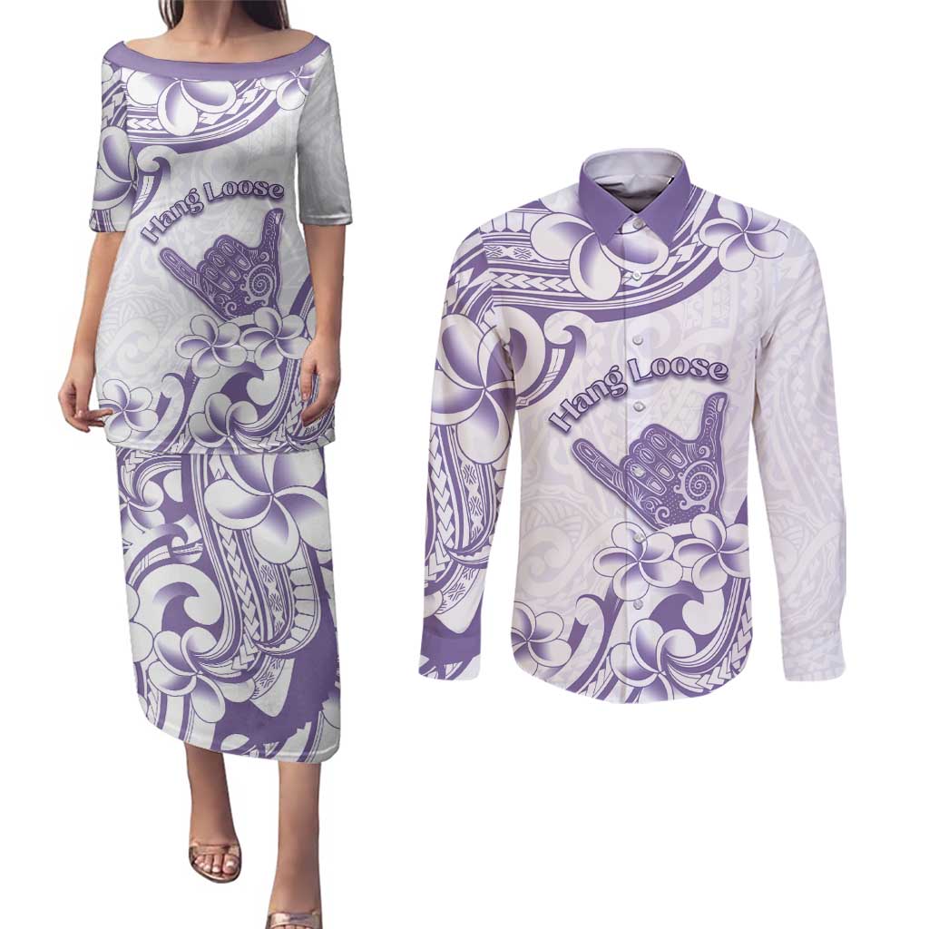 Aloha Hawaii Shaka Couples Matching Puletasi and Long Sleeve Button Shirt Hang Loose Purple Version - Polynesian Pride