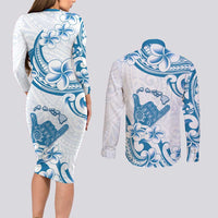 Aloha Hawaii Shaka Couples Matching Long Sleeve Bodycon Dress and Long Sleeve Button Shirt Hang Loose Blue Version - Polynesian Pride