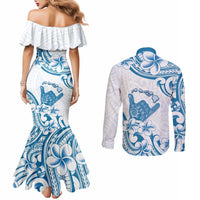 Aloha Hawaii Shaka Couples Matching Mermaid Dress and Long Sleeve Button Shirt Hang Loose Blue Version - Polynesian Pride