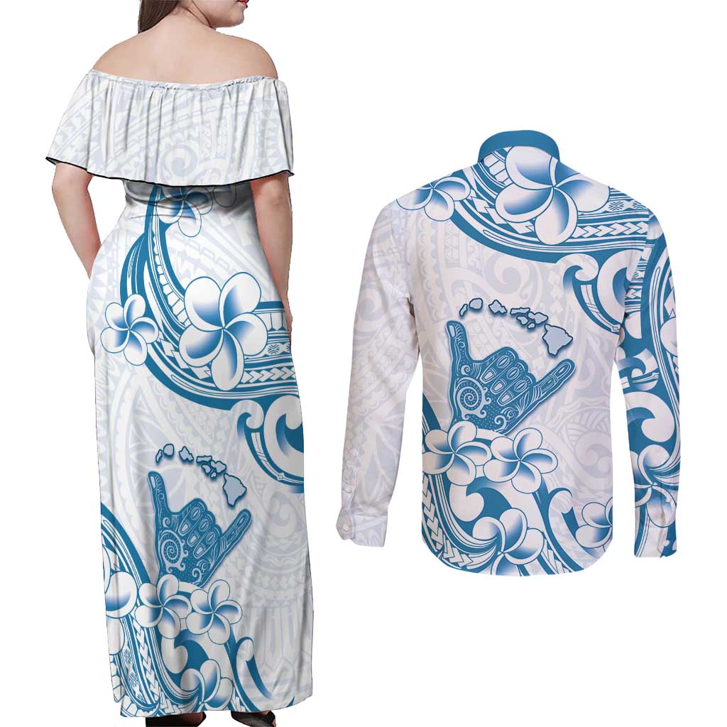 Aloha Hawaii Shaka Couples Matching Off Shoulder Maxi Dress and Long Sleeve Button Shirt Hang Loose Blue Version - Polynesian Pride