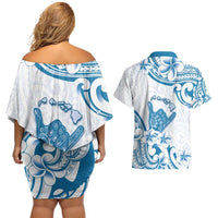 Aloha Hawaii Shaka Couples Matching Off Shoulder Short Dress and Hawaiian Shirt Hang Loose Blue Version - Polynesian Pride