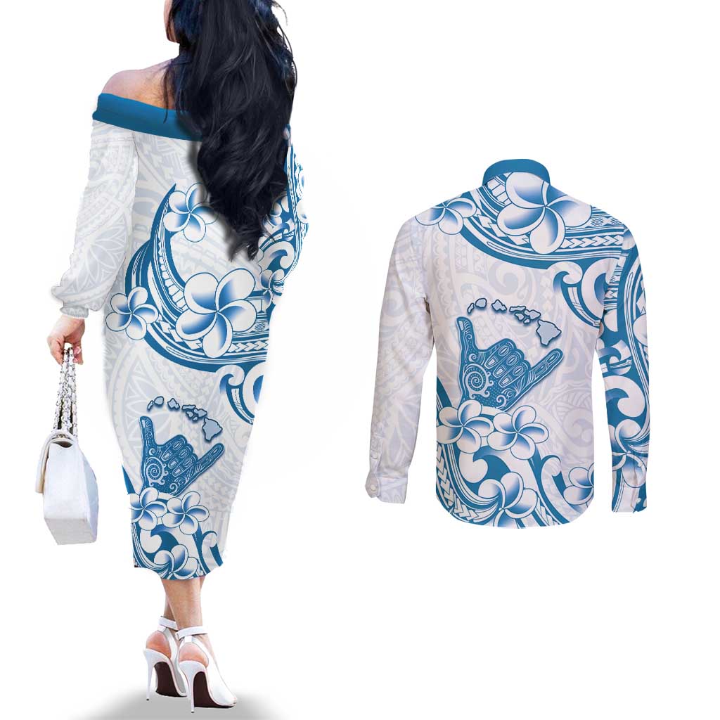 Aloha Hawaii Shaka Couples Matching Off The Shoulder Long Sleeve Dress and Long Sleeve Button Shirt Hang Loose Blue Version - Polynesian Pride