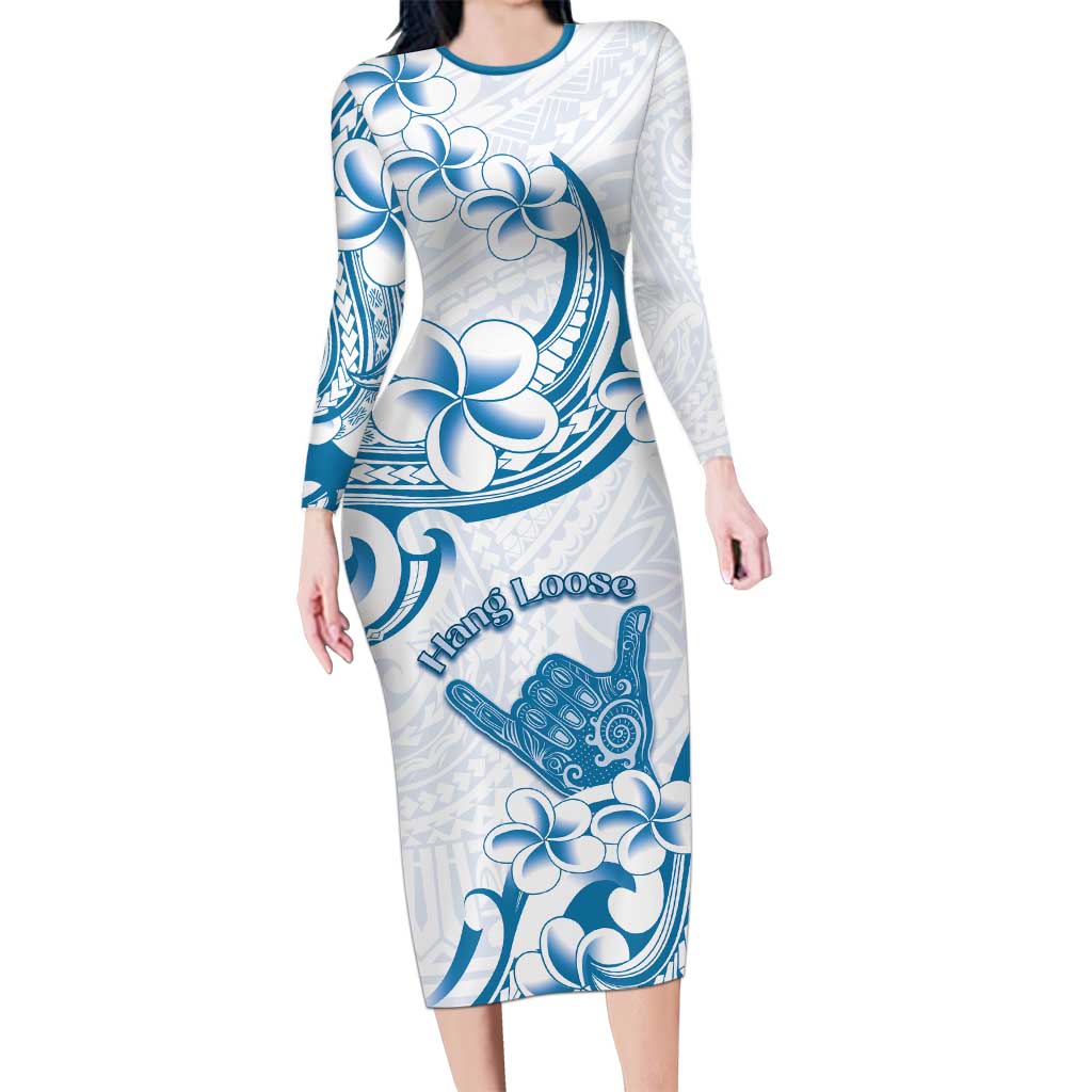 Aloha Hawaii Shaka Long Sleeve Bodycon Dress Hang Loose Blue Version - Polynesian Pride