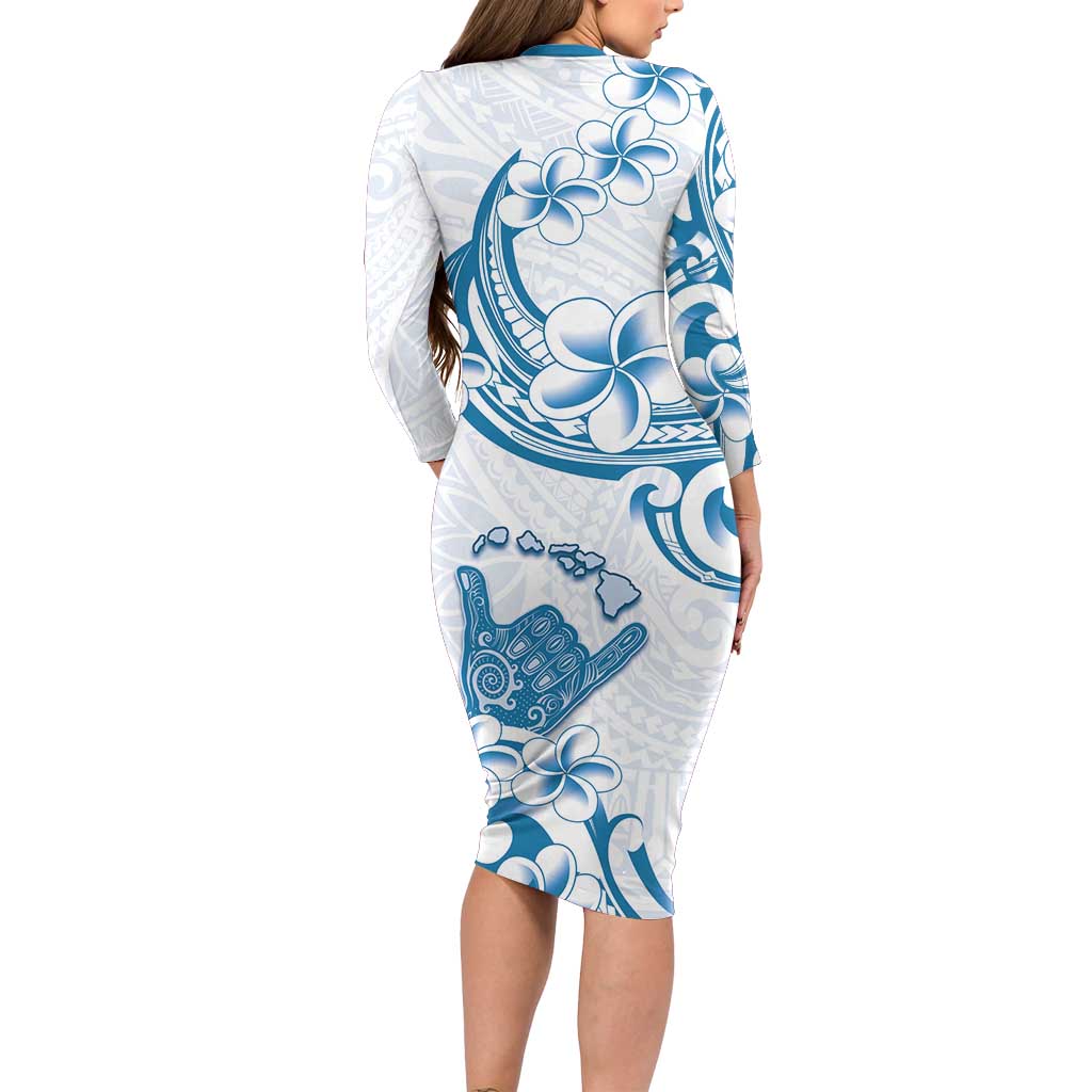 Aloha Hawaii Shaka Long Sleeve Bodycon Dress Hang Loose Blue Version - Polynesian Pride