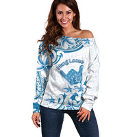 Aloha Hawaii Shaka Off Shoulder Sweater Hang Loose Blue Version - Polynesian Pride