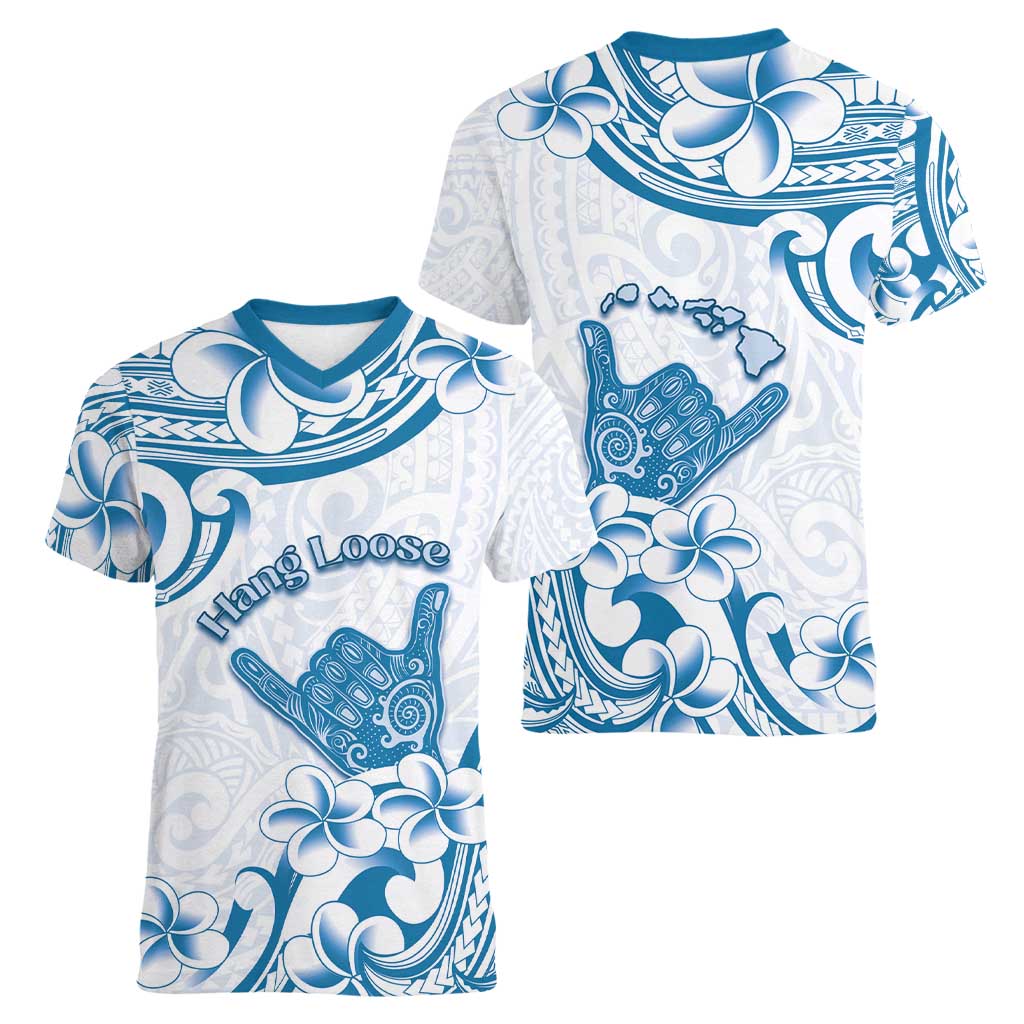 Aloha Hawaii Shaka Women V-Neck T-Shirt Hang Loose Blue Version - Polynesian Pride
