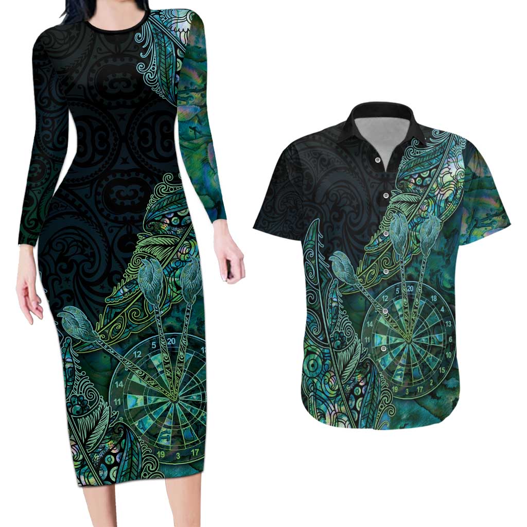 Personalised New Zealand Dart Couples Matching Long Sleeve Bodycon Dress and Hawaiian Shirt Maori Fern With Paua Shell - Polynesian Pride