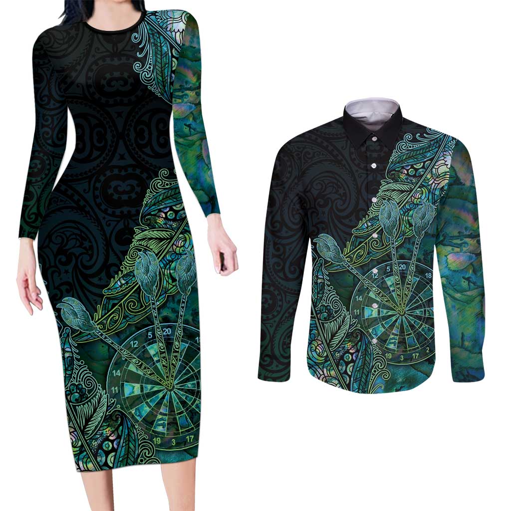 Personalised New Zealand Dart Couples Matching Long Sleeve Bodycon Dress and Long Sleeve Button Shirt Maori Fern With Paua Shell - Polynesian Pride
