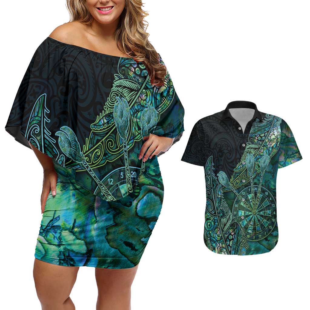 Personalised New Zealand Dart Couples Matching Off Shoulder Short Dress and Hawaiian Shirt Maori Fern With Paua Shell - Polynesian Pride