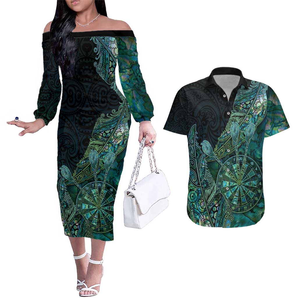 Personalised New Zealand Dart Couples Matching Off The Shoulder Long Sleeve Dress and Hawaiian Shirt Maori Fern With Paua Shell - Polynesian Pride