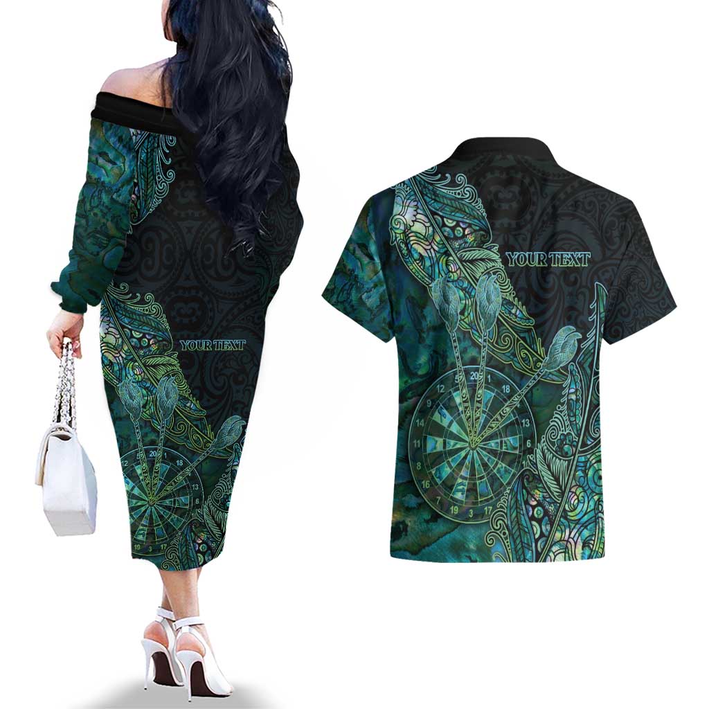 Personalised New Zealand Dart Couples Matching Off The Shoulder Long Sleeve Dress and Hawaiian Shirt Maori Fern With Paua Shell - Polynesian Pride