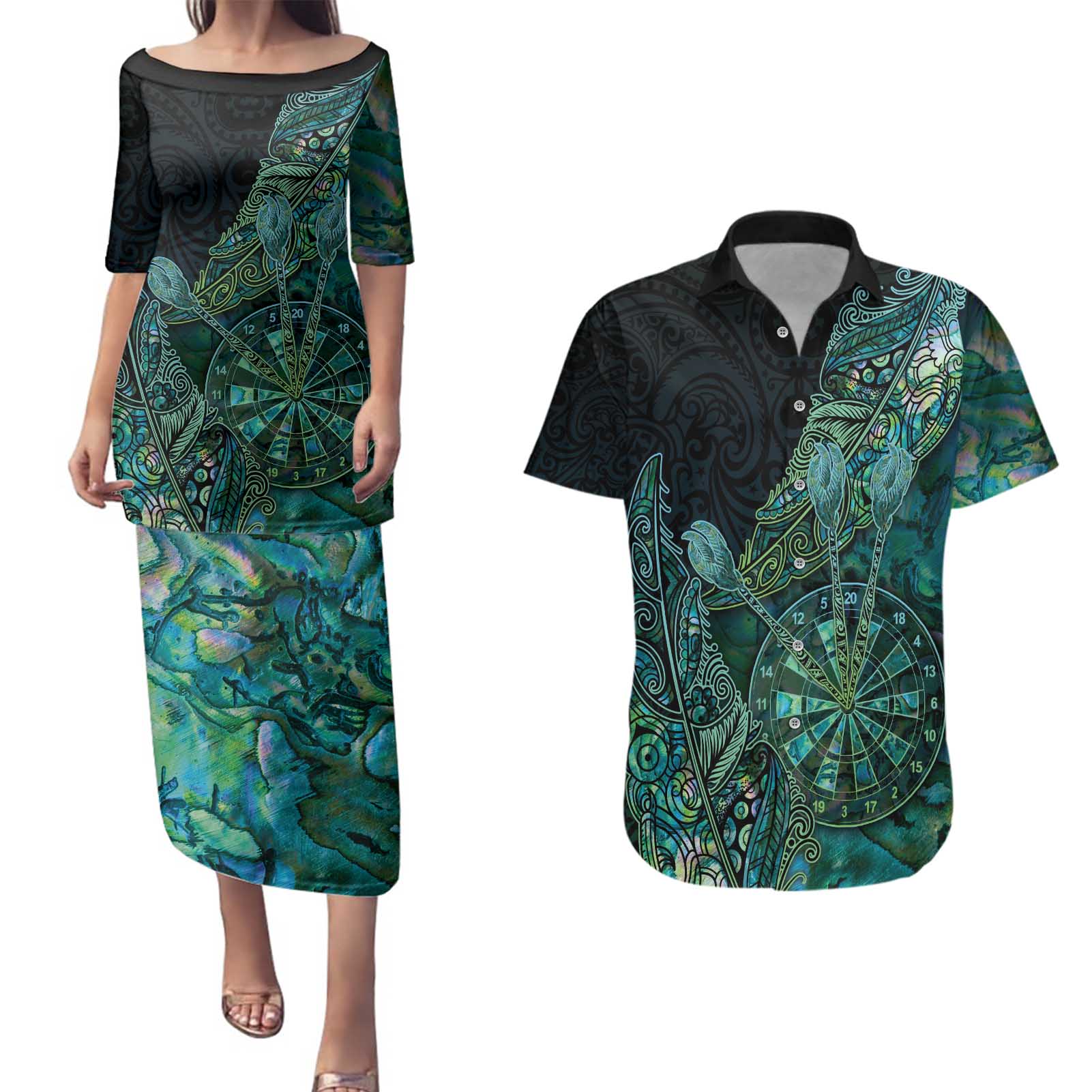 Personalised New Zealand Dart Couples Matching Puletasi and Hawaiian Shirt Maori Fern With Paua Shell - Polynesian Pride