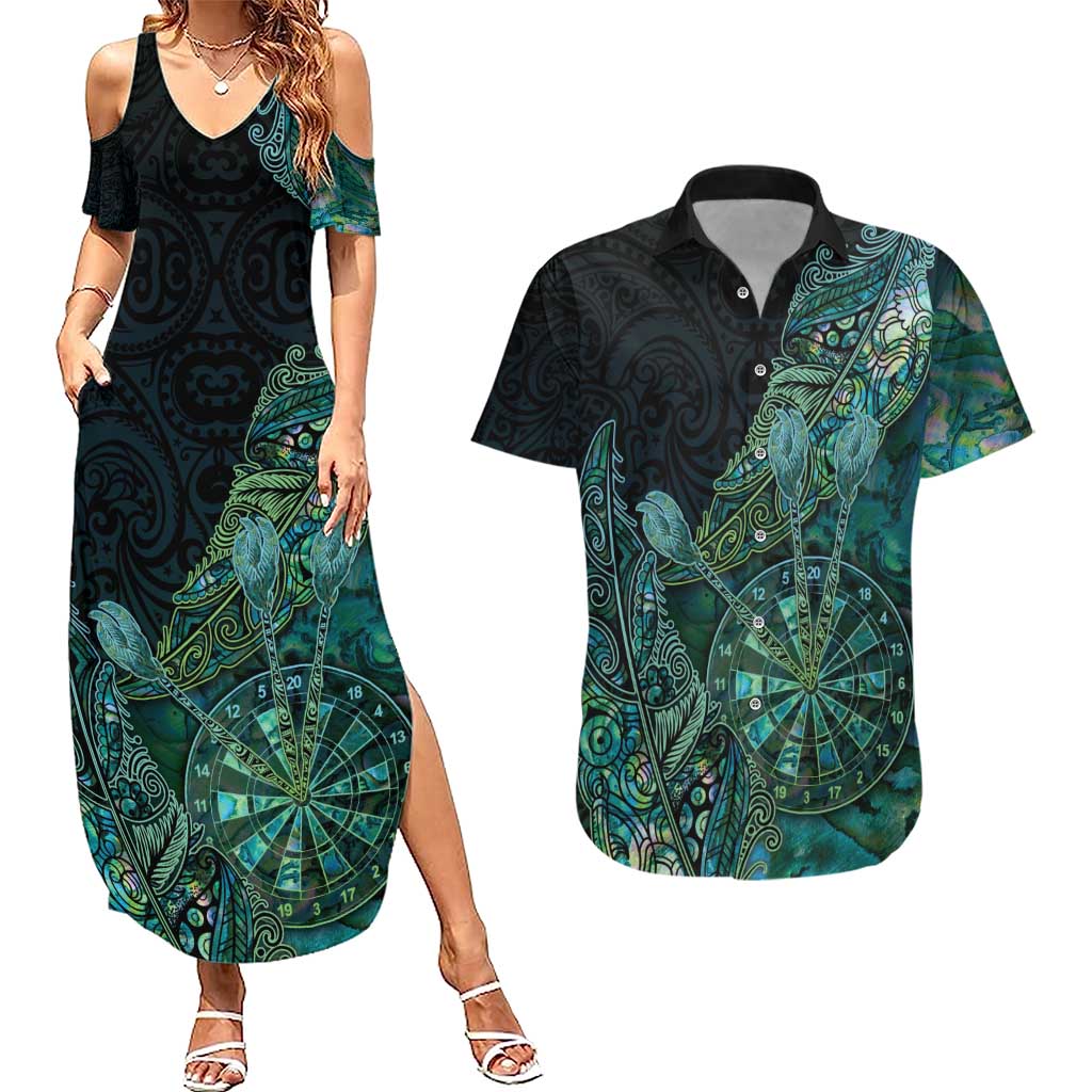 Personalised New Zealand Dart Couples Matching Summer Maxi Dress and Hawaiian Shirt Maori Fern With Paua Shell - Polynesian Pride
