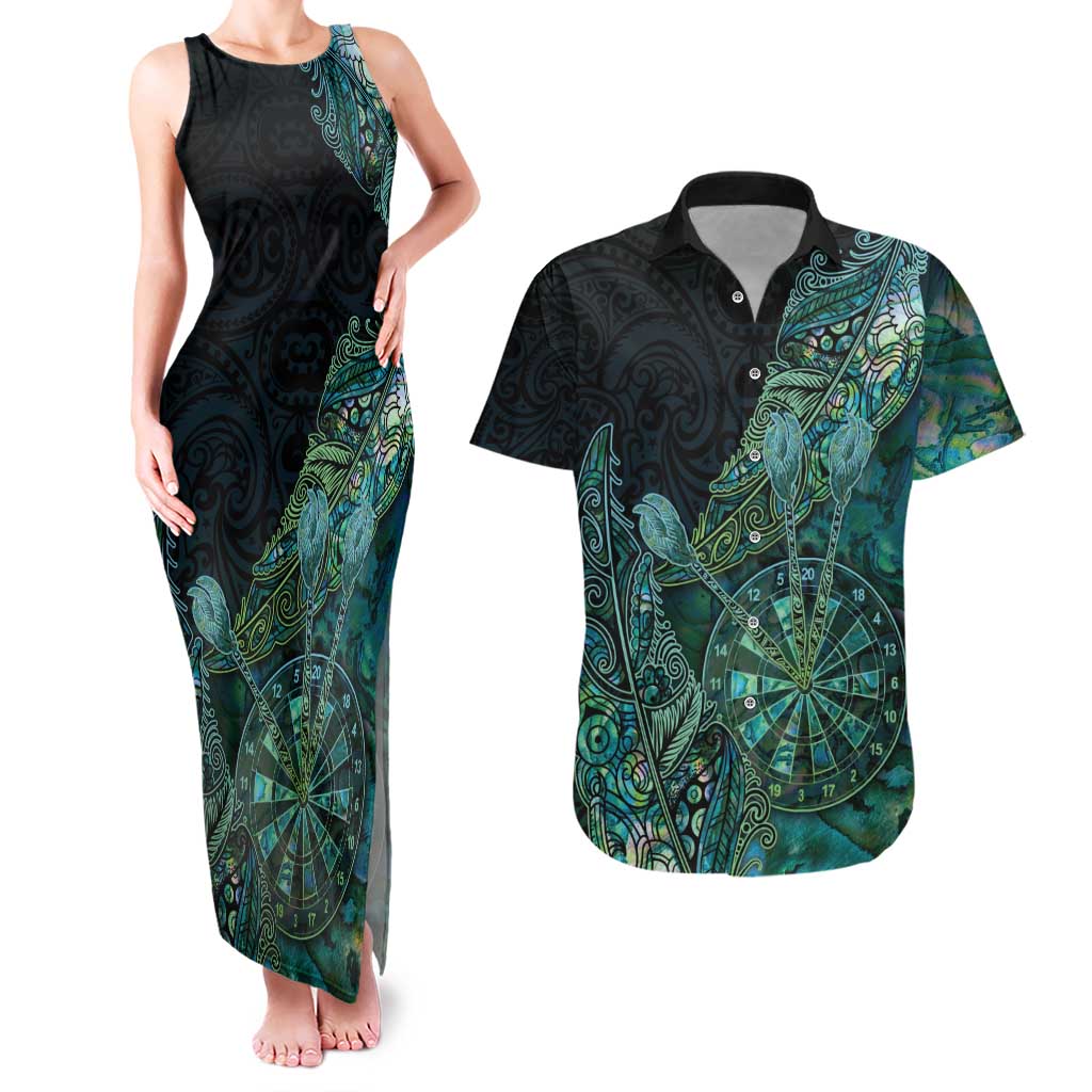 Personalised New Zealand Dart Couples Matching Tank Maxi Dress and Hawaiian Shirt Maori Fern With Paua Shell - Polynesian Pride