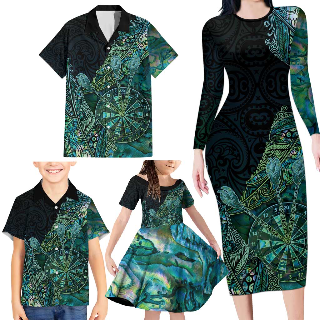 Personalised New Zealand Dart Family Matching Long Sleeve Bodycon Dress and Hawaiian Shirt Maori Fern With Paua Shell - Polynesian Pride