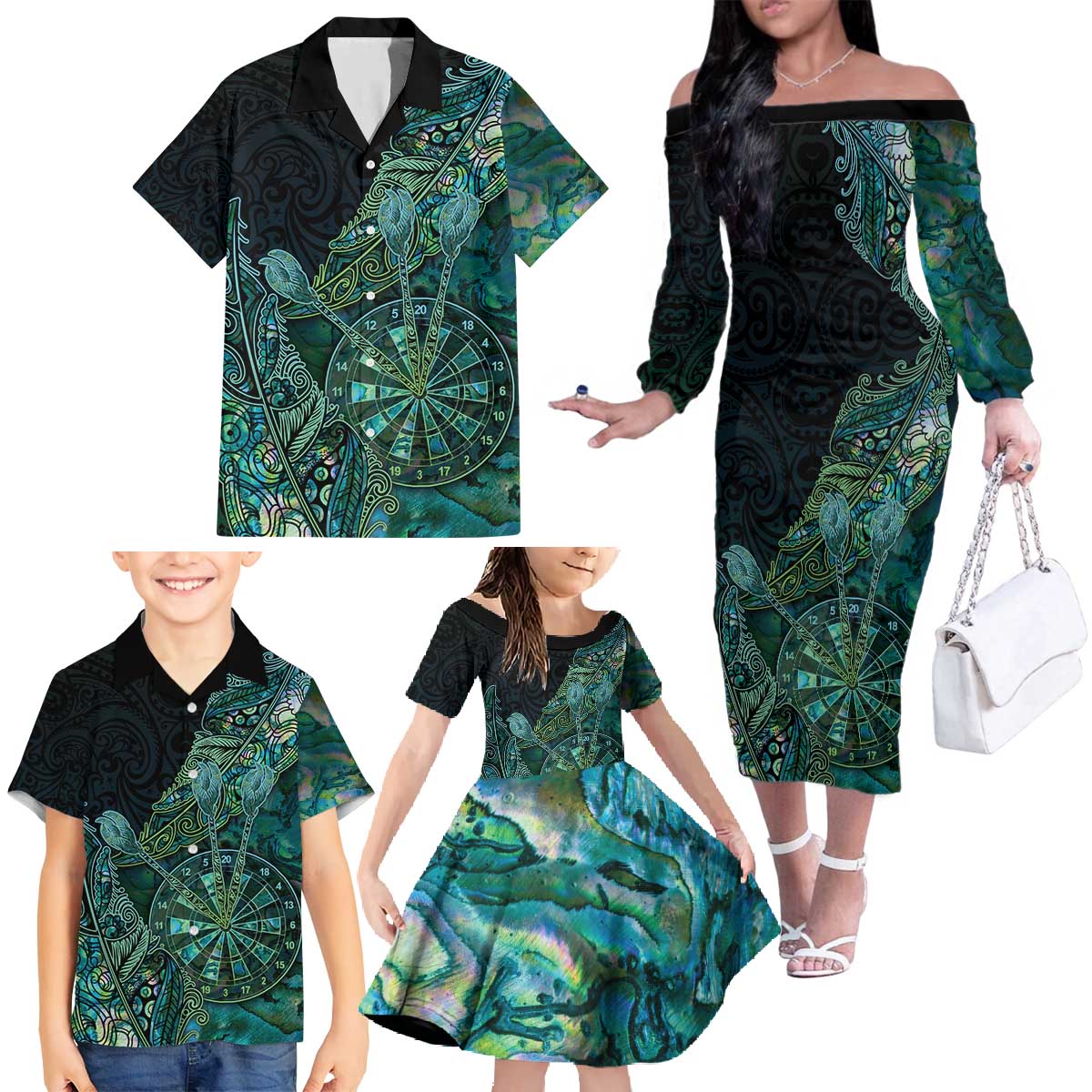 Personalised New Zealand Dart Family Matching Off The Shoulder Long Sleeve Dress and Hawaiian Shirt Maori Fern With Paua Shell - Polynesian Pride
