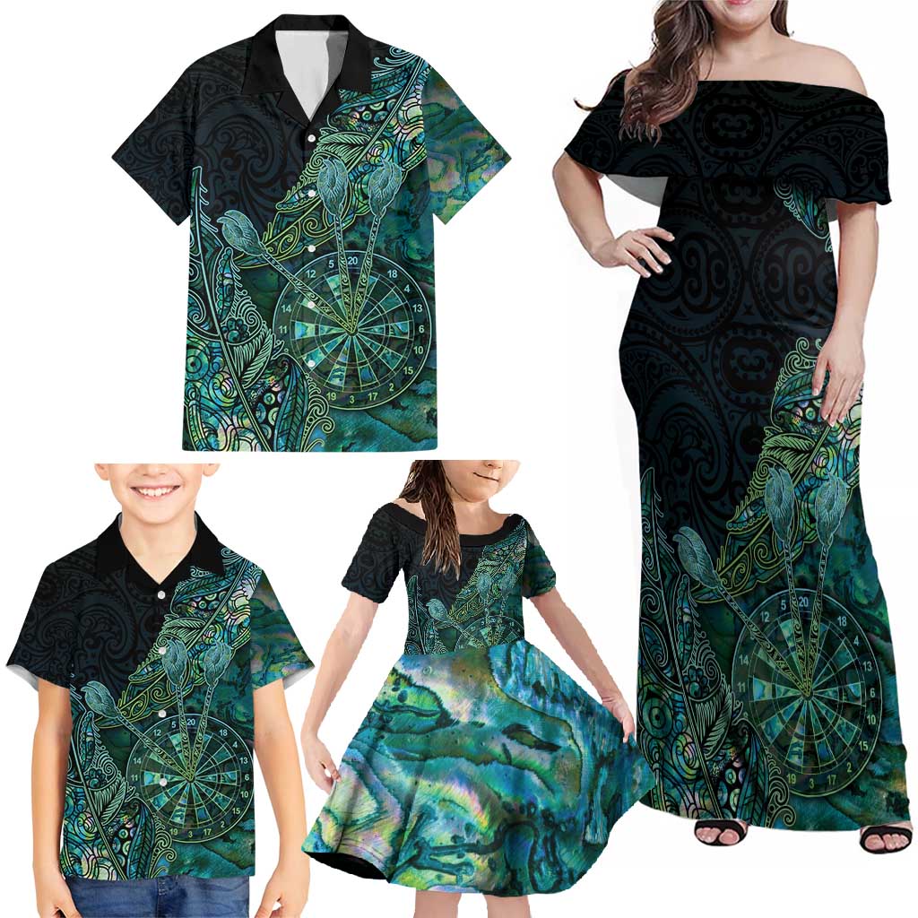 Personalised New Zealand Dart Family Matching Off Shoulder Maxi Dress and Hawaiian Shirt Maori Fern With Paua Shell - Polynesian Pride