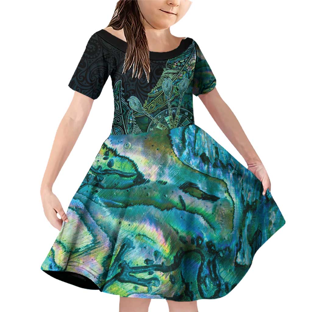 Personalised New Zealand Dart Family Matching Off Shoulder Short Dress and Hawaiian Shirt Maori Fern With Paua Shell - Polynesian Pride