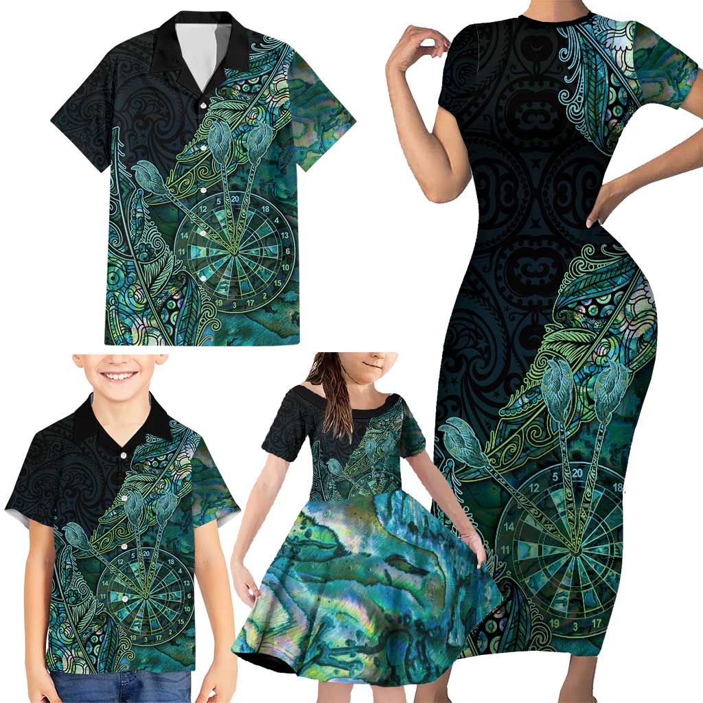 Personalised New Zealand Dart Family Matching Short Sleeve Bodycon Dress and Hawaiian Shirt Maori Fern With Paua Shell - Polynesian Pride