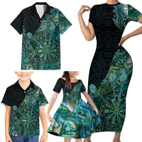 Personalised New Zealand Dart Family Matching Short Sleeve Bodycon Dress and Hawaiian Shirt Maori Fern With Paua Shell - Polynesian Pride