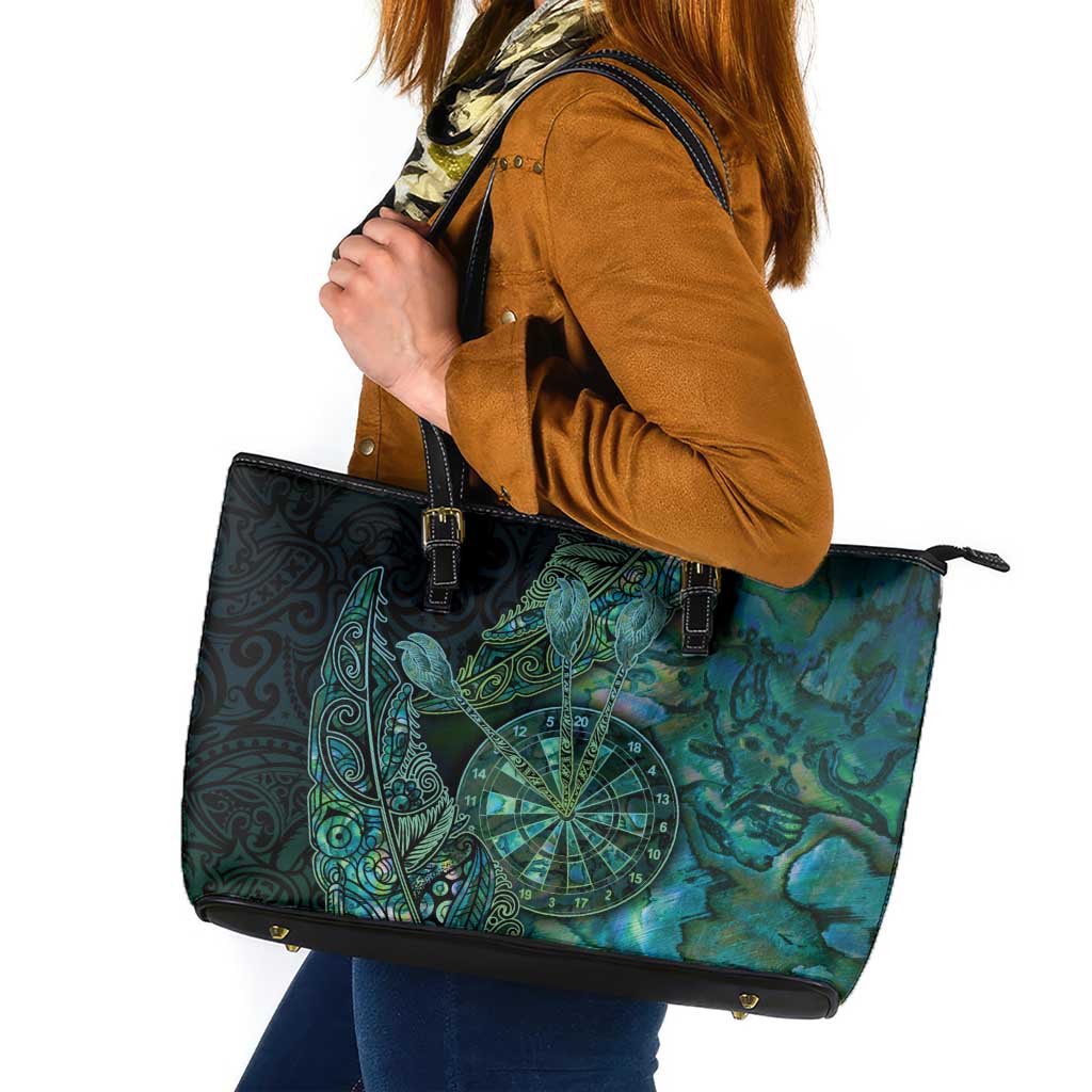 New Zealand Dart Leather Tote Bag Maori Fern With Paua Shell - Polynesian Pride