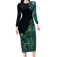 Personalised New Zealand Dart Long Sleeve Bodycon Dress Maori Fern With Paua Shell - Polynesian Pride