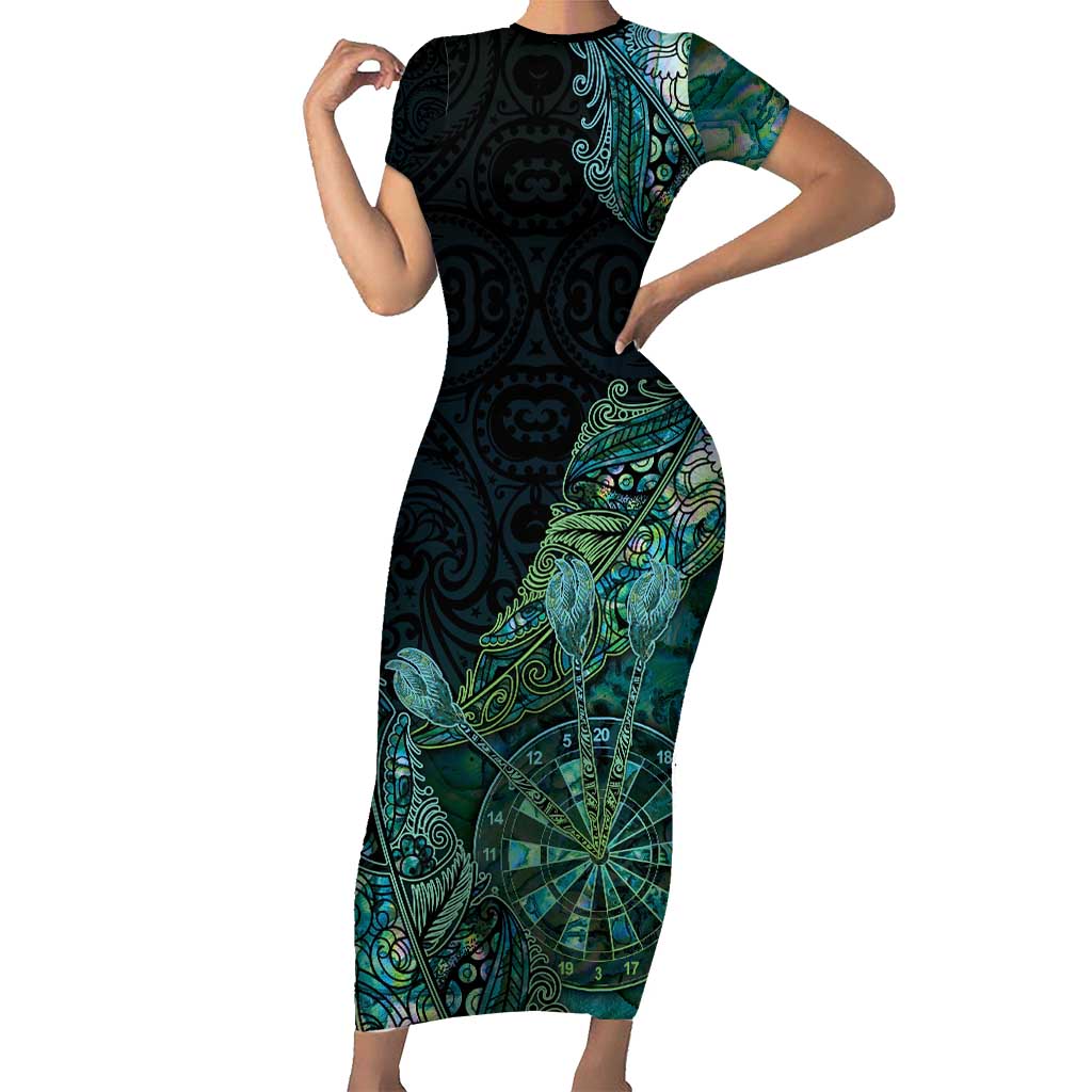 Personalised New Zealand Dart Short Sleeve Bodycon Dress Maori Fern With Paua Shell DT05 Long Dress Green - Polynesian Pride