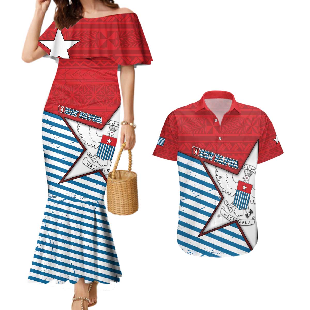 West Papua Morning Star Couples Matching Mermaid Dress and Hawaiian Shirt One People One Soul - Polynesian Pride