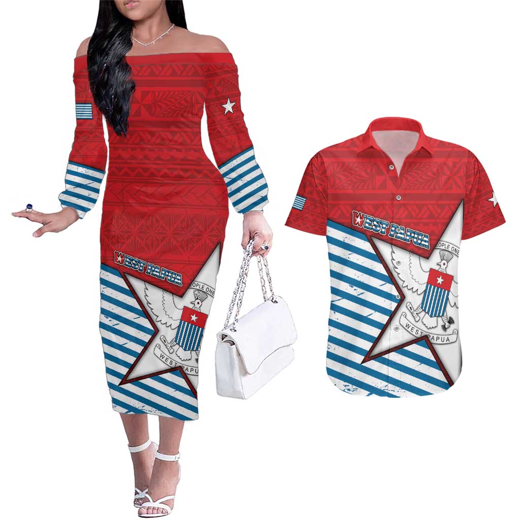 West Papua Morning Star Couples Matching Off The Shoulder Long Sleeve Dress and Hawaiian Shirt One People One Soul - Polynesian Pride