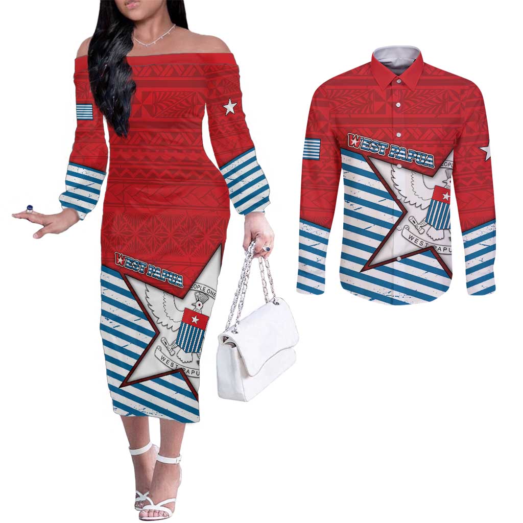 West Papua Morning Star Couples Matching Off The Shoulder Long Sleeve Dress and Long Sleeve Button Shirt One People One Soul DT05 Red - Polynesian Pride