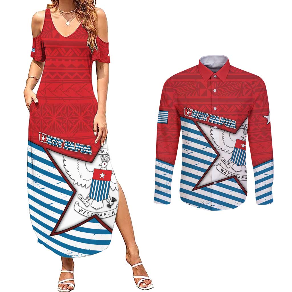 West Papua Morning Star Couples Matching Summer Maxi Dress and Long Sleeve Button Shirt One People One Soul DT05 Red - Polynesian Pride