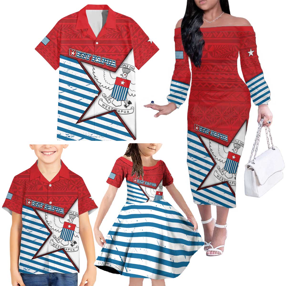 West Papua Morning Star Family Matching Off The Shoulder Long Sleeve Dress and Hawaiian Shirt One People One Soul - Polynesian Pride