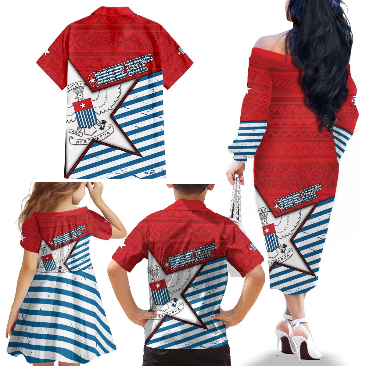 West Papua Morning Star Family Matching Off The Shoulder Long Sleeve Dress and Hawaiian Shirt One People One Soul - Polynesian Pride