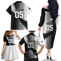 Custom New Zealand Football Family Matching Off The Shoulder Long Sleeve Dress and Hawaiian Shirt Silver Fern Maori Pattern Monochrome