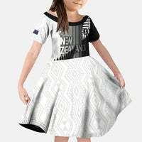 Custom New Zealand Football Family Matching Off Shoulder Maxi Dress and Hawaiian Shirt Silver Fern Maori Pattern Monochrome DT05 Daughter's Dress White - Polynesian Pride