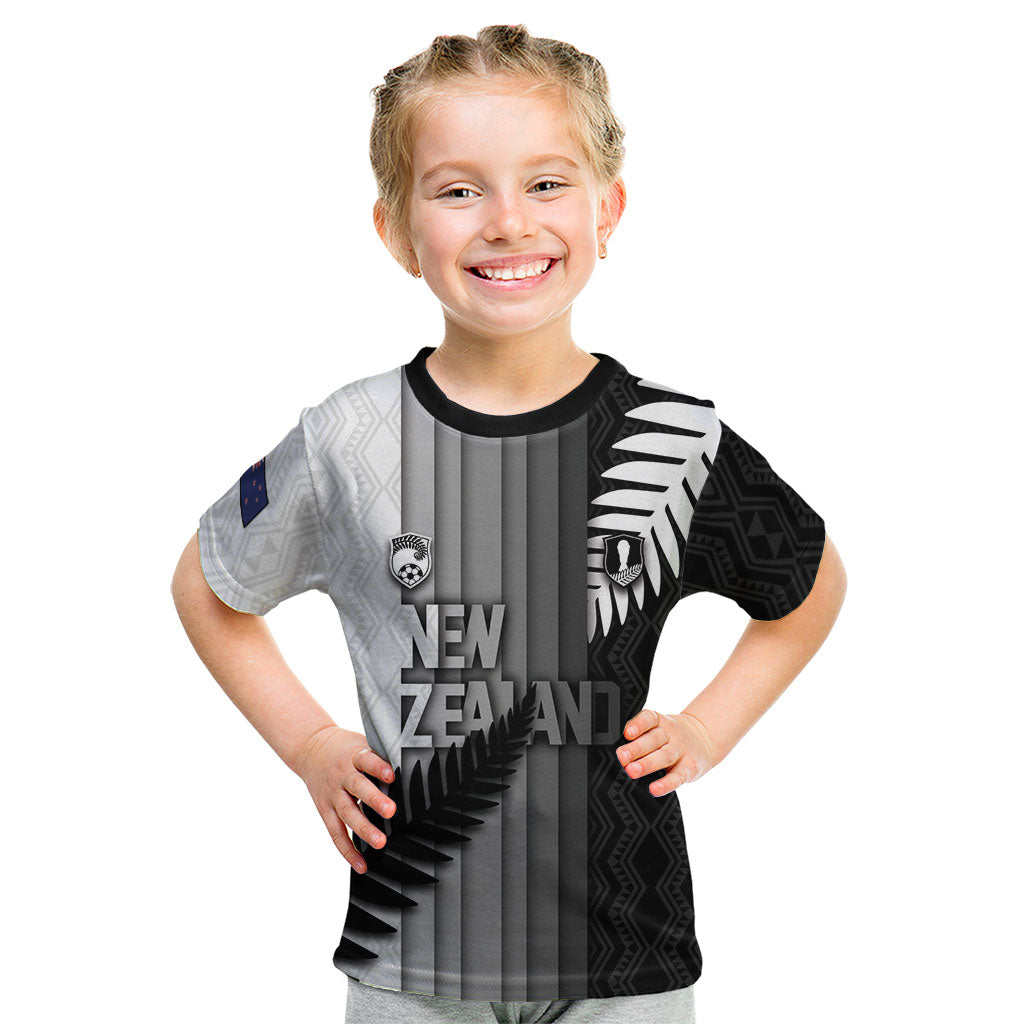 Custom New Zealand Football Kid T Shirt Silver Fern Maori Pattern Monochrome