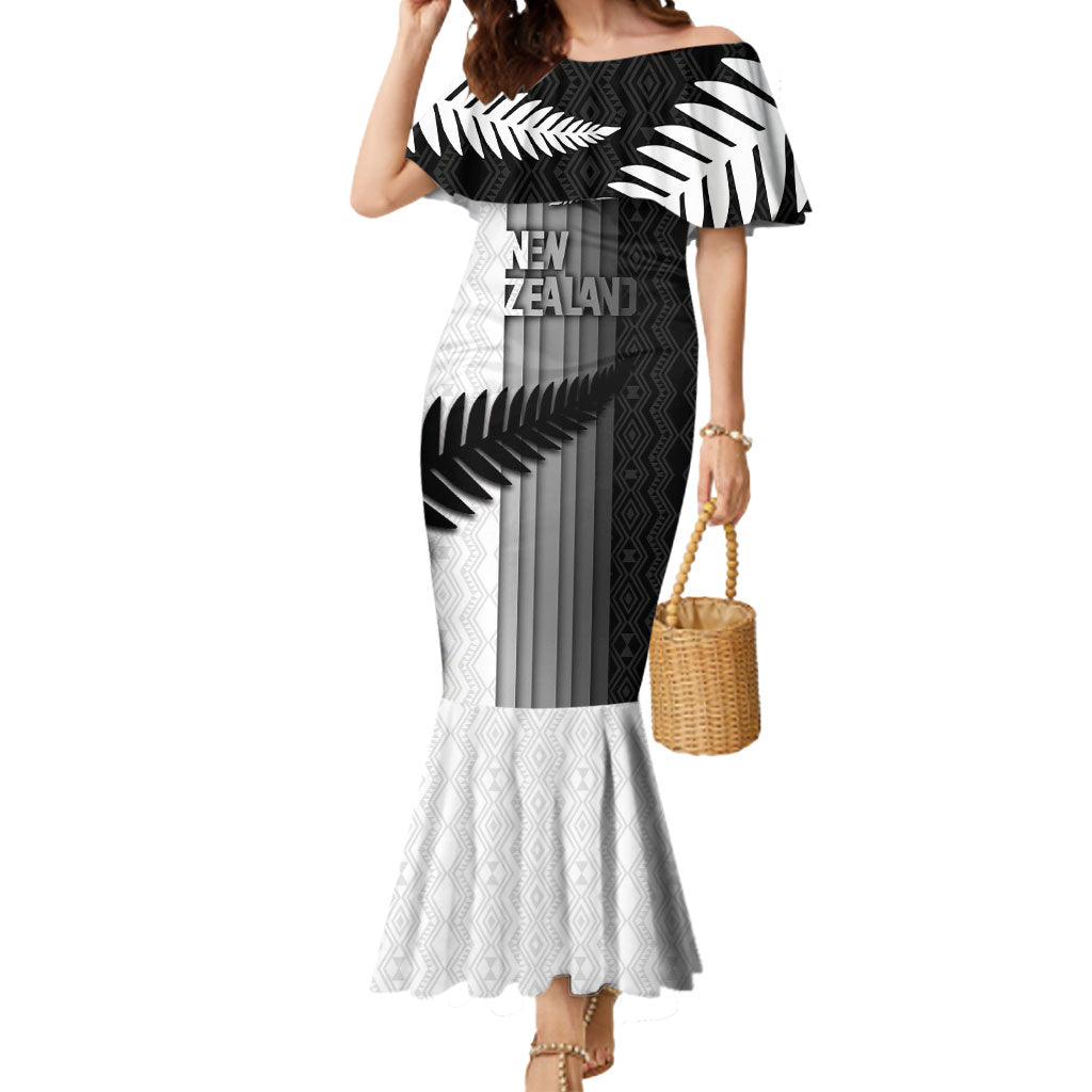 Custom New Zealand Football Mermaid Dress Silver Fern Maori Pattern Monochrome