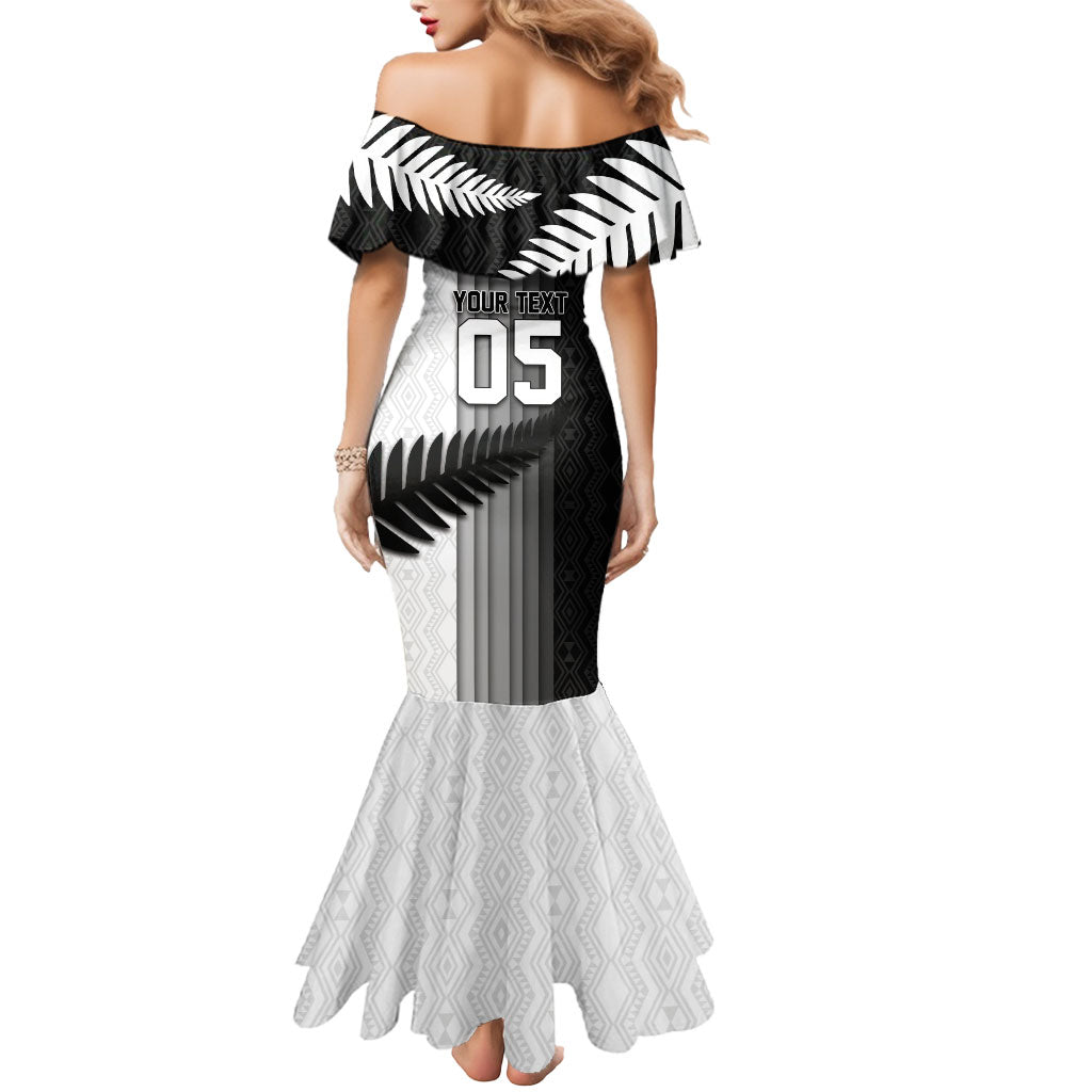 Custom New Zealand Football Mermaid Dress Silver Fern Maori Pattern Monochrome DT05 - Polynesian Pride