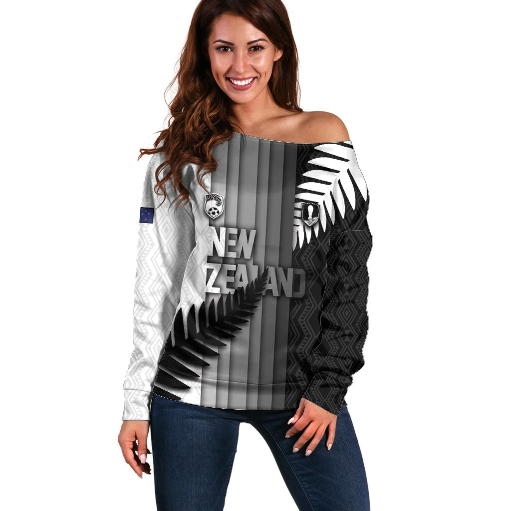 Custom New Zealand Football Off Shoulder Sweater Silver Fern Maori Pattern Monochrome DT05 Women White - Polynesian Pride