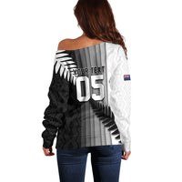 Custom New Zealand Football Off Shoulder Sweater Silver Fern Maori Pattern Monochrome DT05 - Polynesian Pride