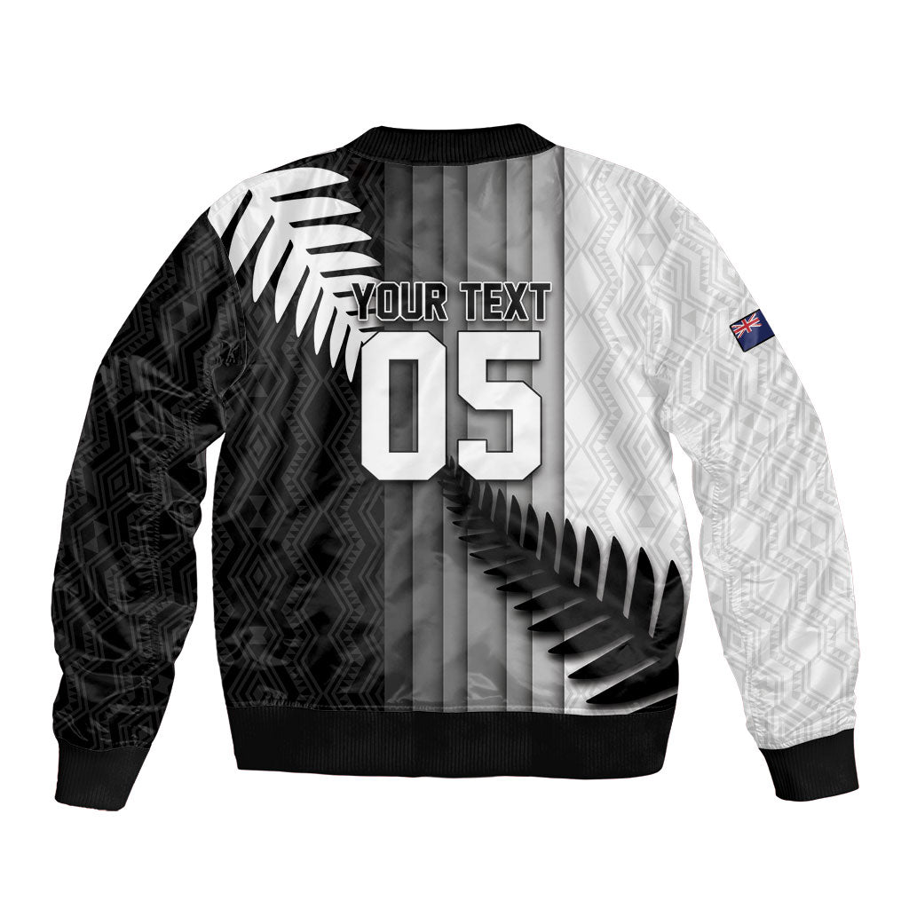 Custom New Zealand Football Sleeve Zip Bomber Jacket Silver Fern Maori Pattern Monochrome DT05 - Polynesian Pride