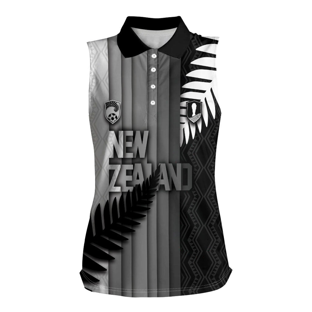 Custom New Zealand Football Women Sleeveless Polo Shirt Silver Fern Maori Pattern Monochrome