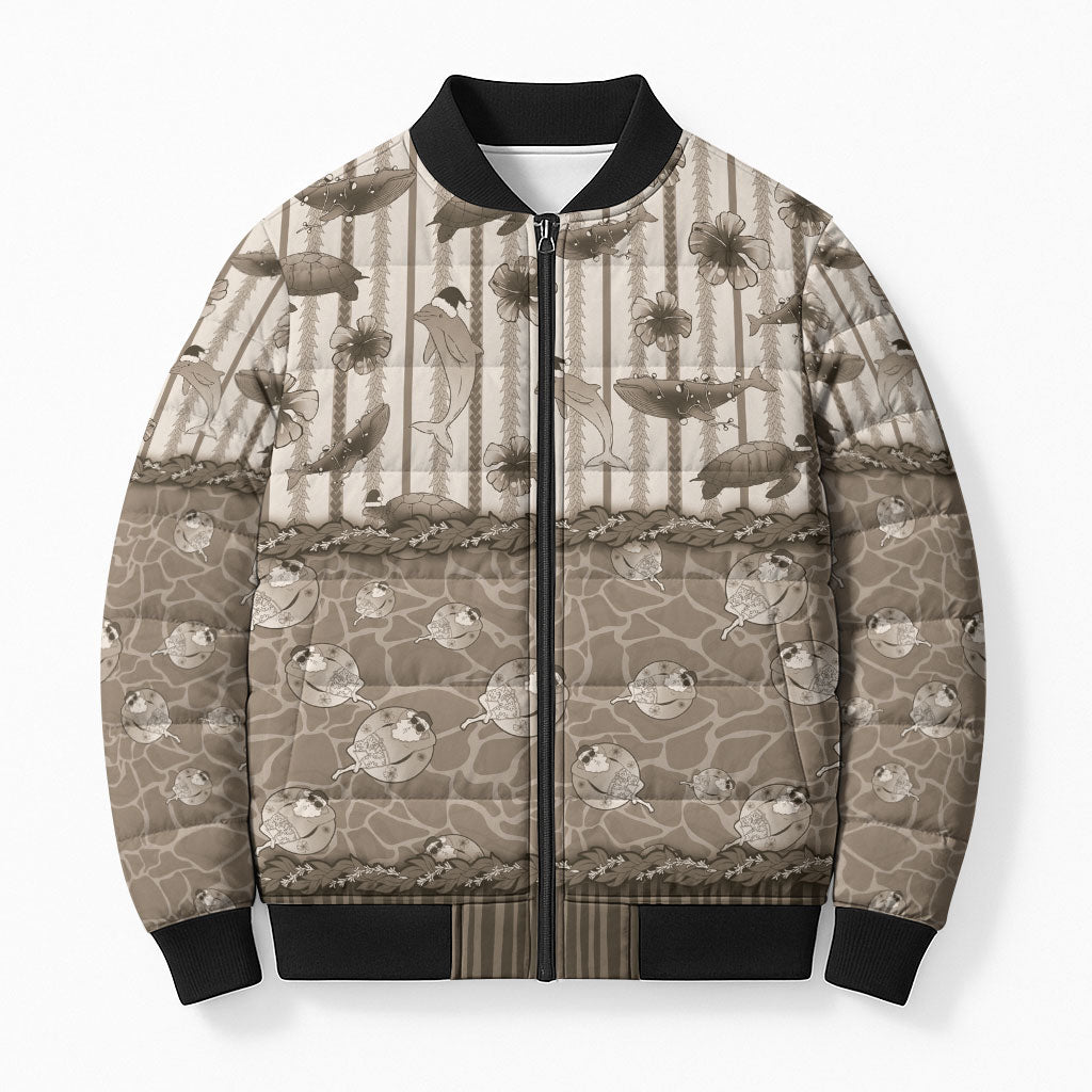 Hawaii Christmas In July Bomber Puffer Jacket Beige Mele Kalikimaka Sea Animals