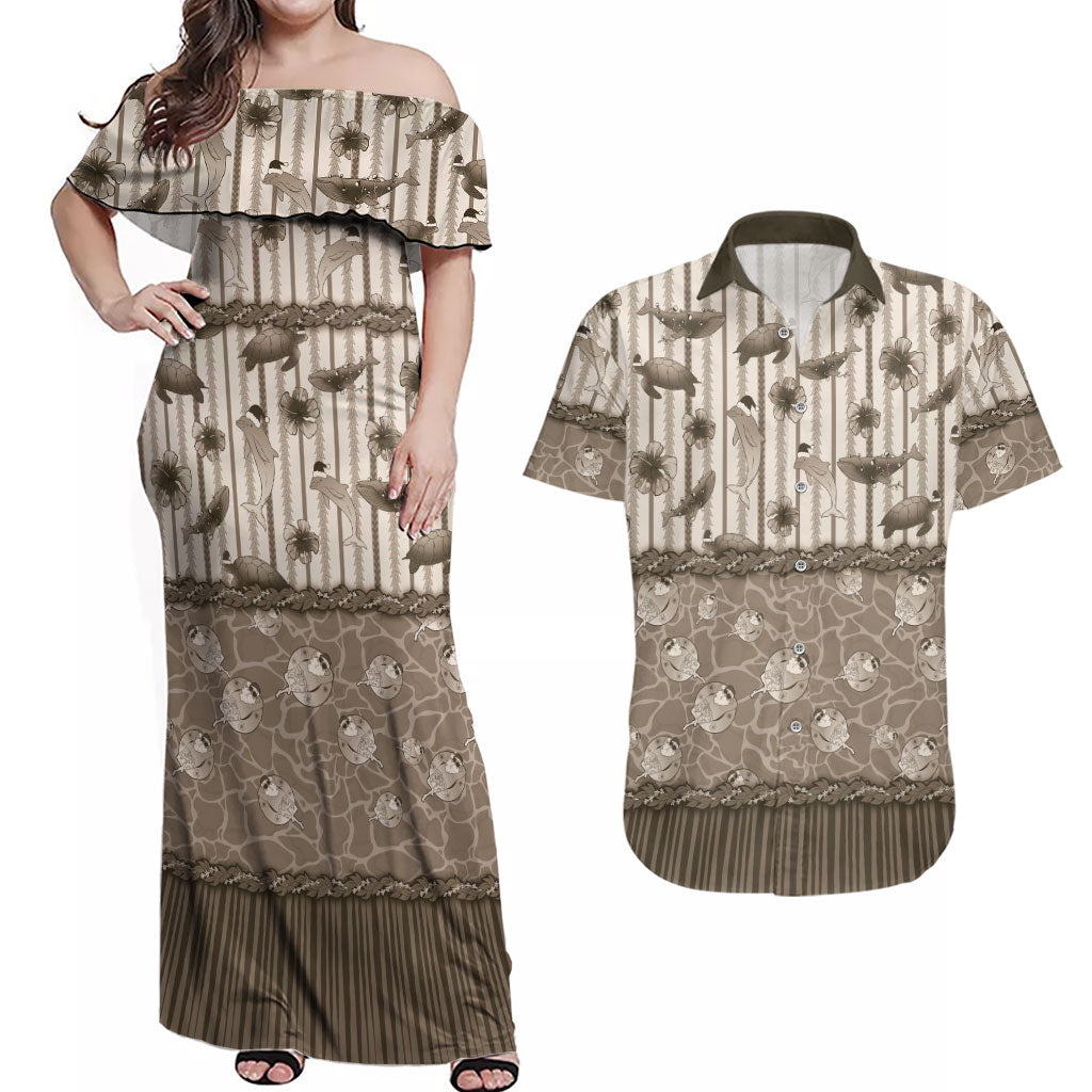 Hawaii Christmas In July Couples Matching Off Shoulder Maxi Dress and Hawaiian Shirt Beige Mele Kalikimaka Sea Animals DT05 Beige - Polynesian Pride