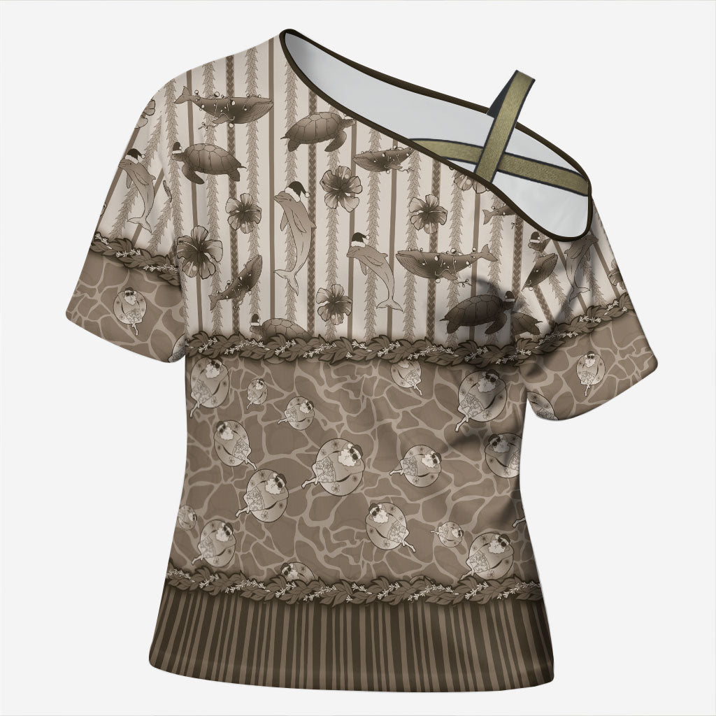 Hawaii Christmas In July Cross Shoulder Shirt Beige Mele Kalikimaka Sea Animals